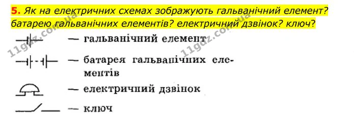 5. Як на електричних схемах зображують гальванічний елемент? батарею гальванічних елементів? електричний дзвінок? ключ? — ГДЗ Фізика 8 клас Бар'яхтар