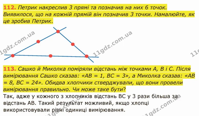 112. Петрик накреслив 3 прямі та позначив на них 6 точок. Виявилося, що на кожній прямій він позначив 3 точки. Намалюйте, як це зробив — ГДЗ Математика 5 клас Тарасенкова 2022