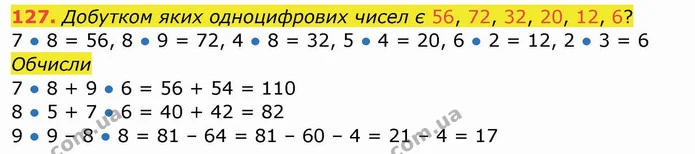 127. Добутком яких одноцифрових чисел є 56, 72, 32, 20, 12, 6? — ГДЗ Математика 4 клас Заїка