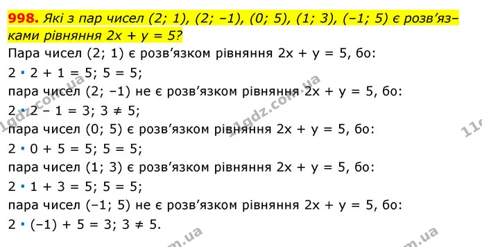 998. Які з пар чисел (2; 1), (2; –1), (0; 5), (1; 3), (–1; 5) є розв’яз– ками рівняння 2х + у = 5? — ГДЗ Алгебра 7 клас Істер 2020