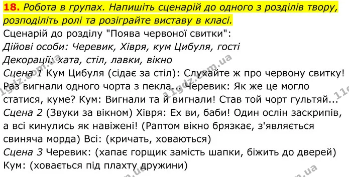 18. Робота в групах. Напишіть сценарій до одного з розділів твору, розподіліть ролі та розіграйте виставу в класі. — ГДЗ Українська література 8 клас Калинич
