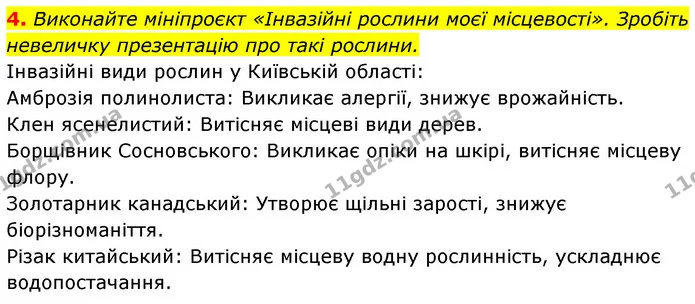 4. Виконайте мініпроєкт «Інвазійні рослини моєї місцевості». Зробіть невеличку презентацію про такі рослини. — ГДЗ Біологія 7 клас Тагліна