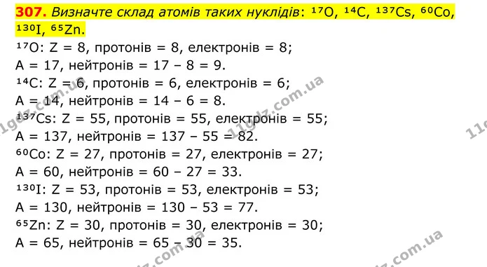 307. Визначте склад атомів таких нуклідів: ¹⁷O, ¹⁴C, ¹³⁷Cs, ⁶⁰Co, ¹³⁰I, ⁶⁵Zn. — ГДЗ Хімія 8 клас Григорович