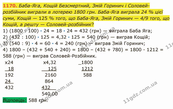 1170. Баба-Яга, Кощій Безсмертний, Змій Горинич і Соловей-розбійник виграли в лотерею 1800 грн. Баба-Яга виграла 24 % цієї суми, Кощій — ГДЗ Математика 5 клас Мерзляк