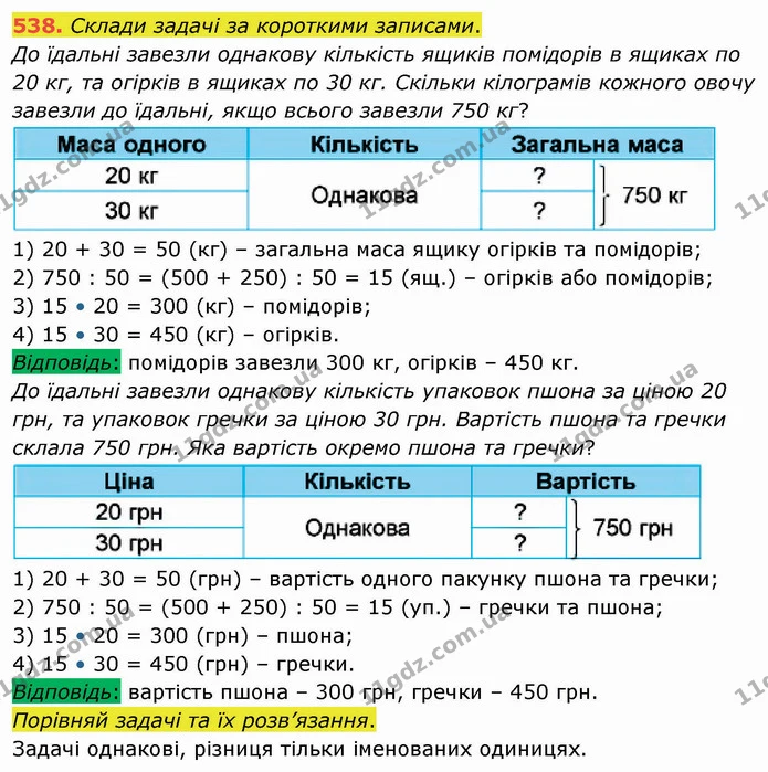 538. Склади задачі за короткими записами. — ГДЗ Математика 4 клас Лишенко 1-2 ч.