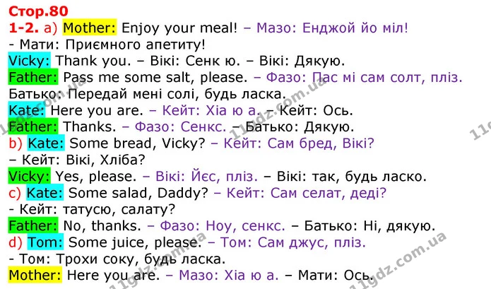1-2. а) Mother: Enjoy your meal! – Мазо: Енджой йо міл! — ГДЗ Англійська мова 3 клас Карпюк