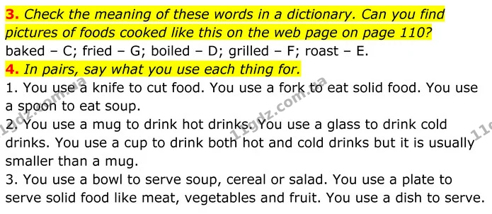 3. Check the meaning of these words in a dictionary. Can you find pictures of foods cooked like this on the web page on page 110? — ГДЗ Англійська мова 7 клас Коста