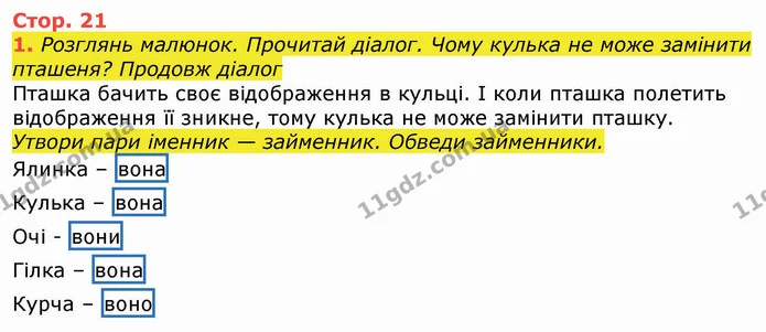 1. Розглянь малюнок. Прочитай діалог. Чому кулька не може замінити пташеня? Продовж діалог — ГДЗ Робочий зошит Українська мова та читання 3 клас Большакова