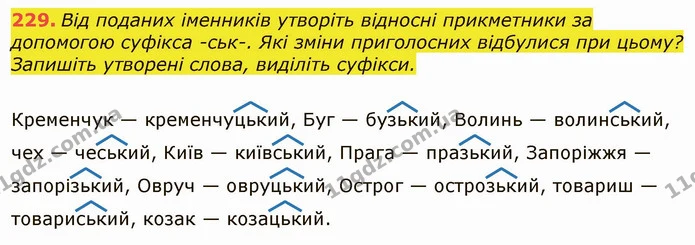 229. Від поданих іменників утворіть відносні прикметники за допомогою суфікса -ськ-. Які зміни приголосних відбулися при цьому? — ГДЗ Українська мова 6 клас Заболотний 2019