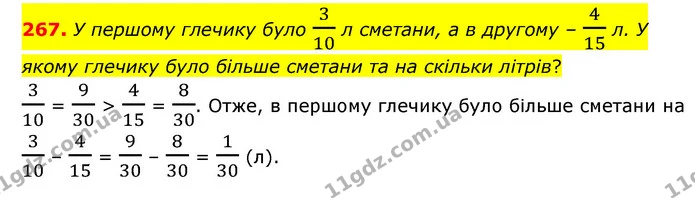 267. У першому глечику було 310 л сметани, а в другому – 415 л. У якому глечику було більше сметани та на скільки літрів? — ГДЗ Математика 6 клас Мерзляк 2023 1-2 ч.