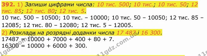 392. 1) Запиши цифрами числа: 10 тис. 500; 10 тис.; 10 тис. 50; 12 тис. 85; 12 тис. 80; 12 тис. 5. — ГДЗ Математика 4 клас Лишенко 1-2 ч.