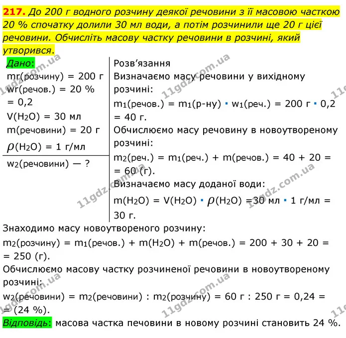 217. До 200 г водного розчину деякої речовини з її масовою часткою 20 % спочатку долили 30 мл води, а потім розчинили ще 20 г цієї — ГДЗ Хімія 7 клас Попель 2020