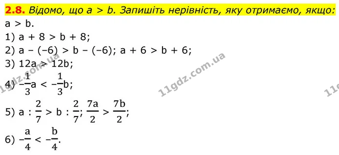 2.8. Відомо, що a > b. Запишіть нерівність, яку отримаємо, якщо: — ГДЗ Алгебра 9 клас Мерзляк 2026