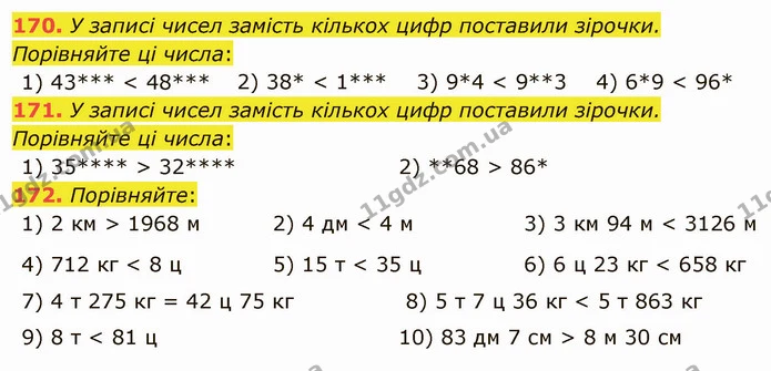 170. У записі чисел замість кількох цифр поставили зірочки. Порівняйте ці числа: — ГДЗ Математика 5 клас Мерзляк