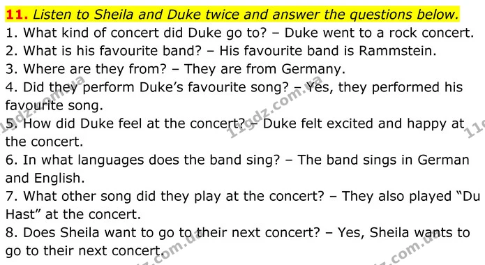 11. Listen to Sheila and Duke twice and answer the questions below. — ГДЗ Англійська мова 8 клас Карпюк 2025