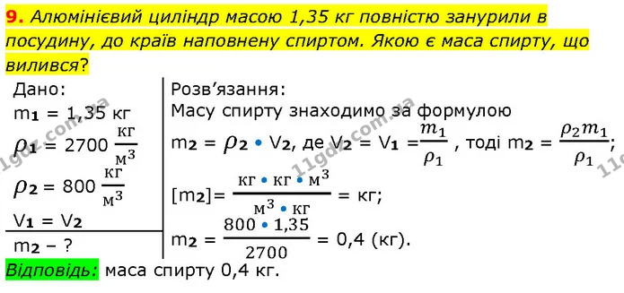 9. Алюмінієвий циліндр масою 1,35 кг повністю занурили в посудину, до країв наповнену спиртом. Якою є маса спирту, що вилився? — ГДЗ Фізика 7 клас Засєкіна
