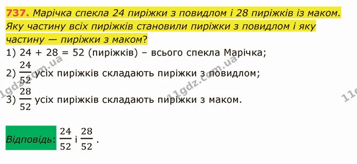737. Марічка спекла 24 пиріжки з повидлом і 28 пиріжків із маком. Яку частину всіх пиріжків становили пиріжки з повидлом і яку частину — ГДЗ Математика 5 клас Мерзляк