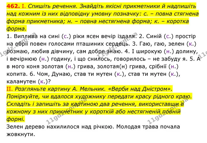 462. І. Спишіть речення. Знайдіть якісні прикметники й надпишіть над кожним із них відповідну умовну позначку: с. – повна стягнена — ГДЗ Українська мова 6 клас Заболотний 2023