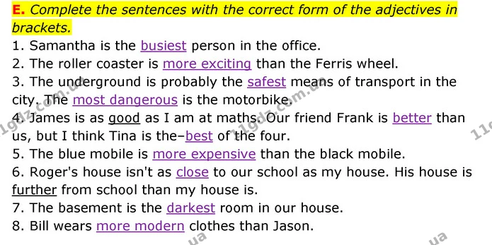 E. Complete the sentences with the correct form of the adjectives in brackets. — ГДЗ Робочий зошит Англійська мова 6 клас Мітчелл