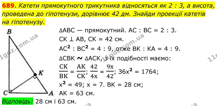 689. Катети прямокутного трикутника відносяться як 2 : 3, а висота, — ГДЗ Геометрія 8 клас Бевз