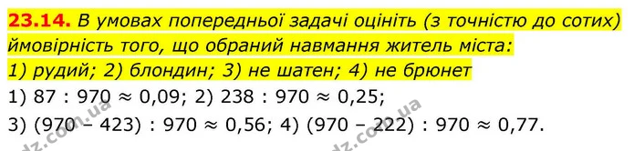 23.14. В умовах попередньої задачі оцініть (з точністю до сотих) ймовірність того, що обраний навмання житель міста: — ГДЗ Алгебра 9 клас Істер