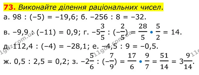 73. Виконайте ділення раціональних чисел. — ГДЗ Математика 6 клас Біос 1-2 ч.