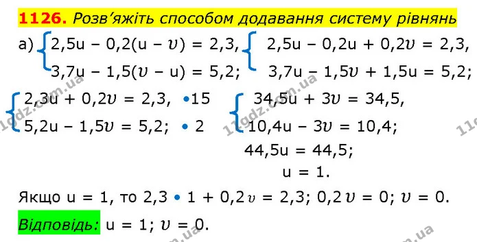 1126. Розв’яжіть способом додавання систему рівнянь — ГДЗ Алгебра 7 клас Бевз