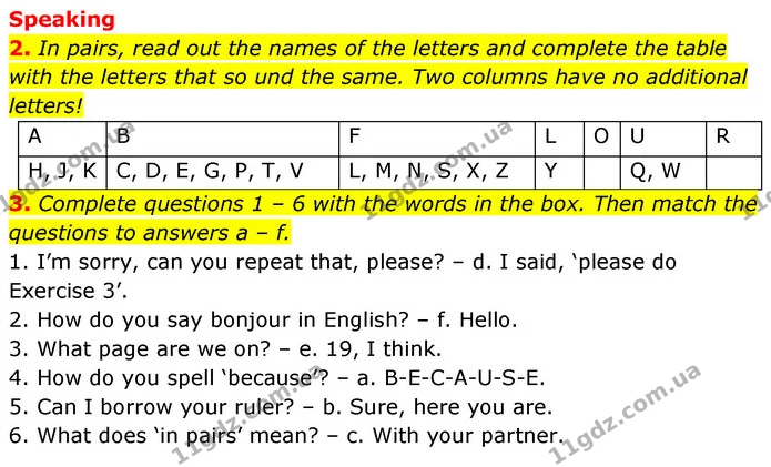2. In pairs, read out the names of the letters and complete the table with the letters that so und the same. Two columns have no — ГДЗ Англійська мова 6 клас Коста (Prepare 6)