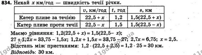 834. Човен проплив шлях між двома пристанями за течією річки за 1,2 год, а на зворотний шлях затратив 1,5 год. Знайдіть відстань між — ГДЗ Алгебра 7 клас Кравчук 2015