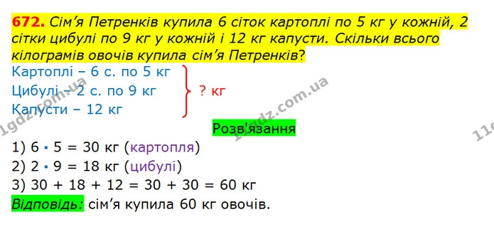 672. Сім’я Петренків купила 6 сіток картоплі по 5 кг у кожній, 2 сітки цибулі по 9 кг у кожній і 12 кг капусти. Скільки всього — ГДЗ Математика 3 клас Оляницька 1 та 2 частини