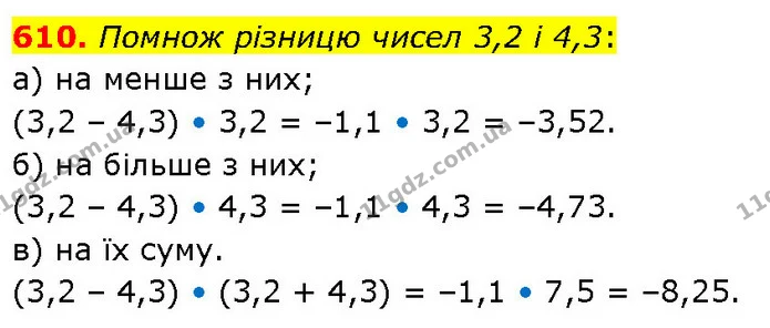 610. Помнож різницю чисел 3,2 і 4,3: — ГДЗ Математика 6 клас Бевз 1-2 ч.