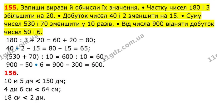 155. Запиши вирази й обчисли їх значення. • Частку чисел 180 і 3 збільшити на 20. • Добуток чисел 40 і 2 зменшити на 15. • Суму чисел — ГДЗ Математика 3 клас Козак 1-2 ч.