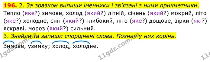 196. 2. За зразком випиши іменники і зв’язані з ними прикметники. — ГДЗ Українська мова та читання 3 клас Кравцова (1 частина)