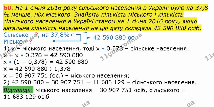 60. На 1 січня 2016 року сільського населення в Україні було на 37,8 % менше, ніж міського. Знайдіть кількість міського і кількість — ГДЗ Алгебра 8 клас Істер 2021