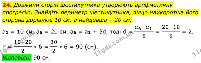 24. Довжини сторін шестикутника утворюють арифметичну прогресію. Знайдіть периметр шестикутника, якщо найкоротша його сторона дорівнює — ГДЗ Алгебра 9 клас Істер