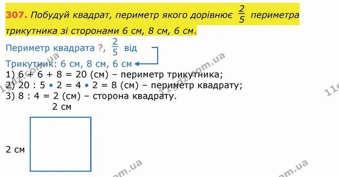 307. Побудуй квадрат, периметр якого дорівнює периметра трикутника зі сторонами 6 см, 8 см, 6 см. — ГДЗ Математика 4 клас Лишенко 1-2 ч.