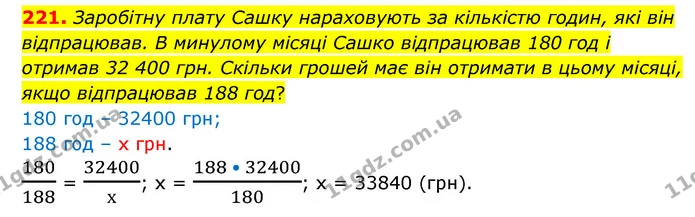 221. Заробітну плату Сашку нараховують за кількістю годин, які він відпрацював. В минулому місяці Сашко відпрацював 180 год і отримав — ГДЗ Математика 6 клас Бевз 1-2 ч.