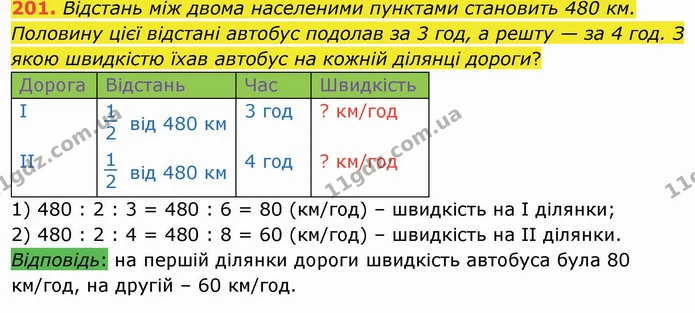 201. Відстань між двома населеними пунктами становить 480 км. Половину цієї відстані автобус подолав за 3 год, а решту — за 4 год. З — ГДЗ Математика 4 клас Оляницька