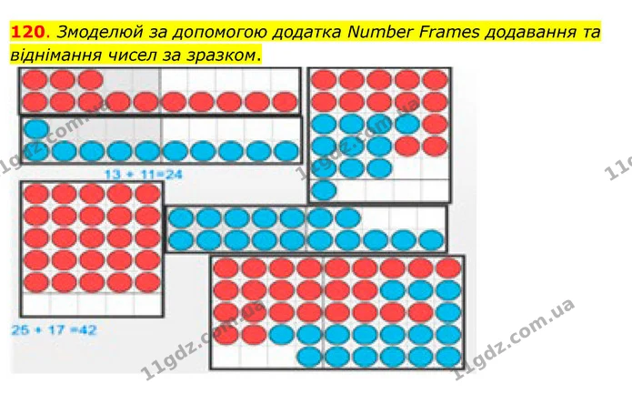 120. Змоделюй за допомогою додатка Number Frames додавання та віднімання чисел за зразком. — ГДЗ Математика 3 клас Бевз 1 частина