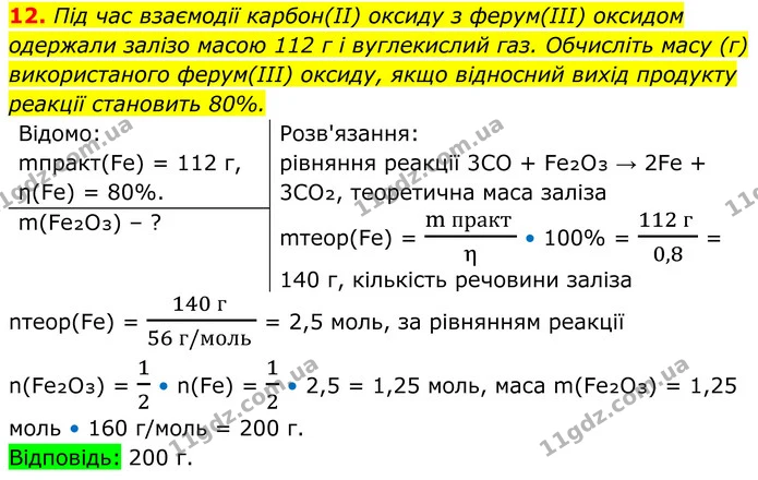 12. Під час взаємодії карбон(ІІ) оксиду з ферум(ІІІ) оксидом одержали залізо масою 112 г і вуглекислий газ. Обчисліть масу (г) — ГДЗ Хімія 8 клас Мідак