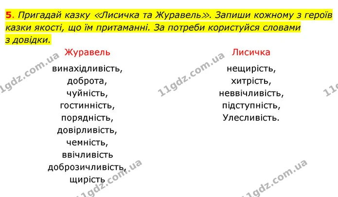 5. Пригадай казку ≪Лисичка та Журавель≫. Запиши кожному з героїв — ГДЗ Робочий зошит Я досліджую світ 4 клас Гільберг