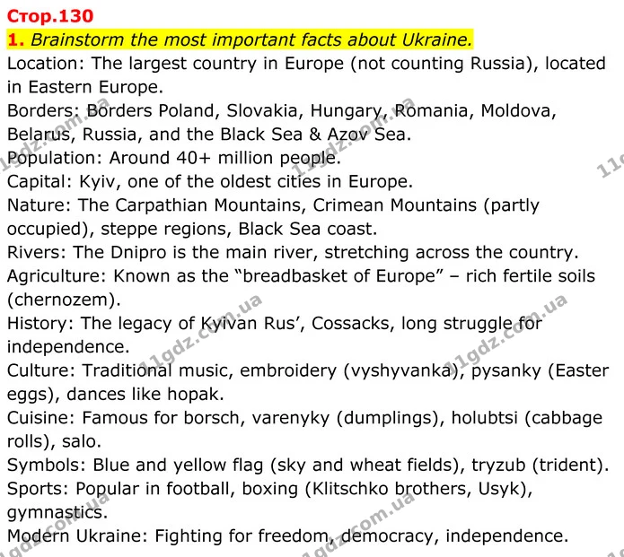 1. Brainstorm the most important facts about Ukraine. — ГДЗ Англійська мова 8 клас Карпюк 2025