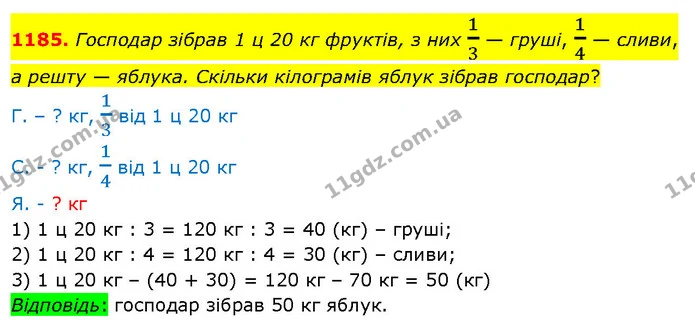 1185. Господар зібрав 1 ц 20 кг фруктів, з них 13 — груші, 14 — сливи, а решту — яблука. Скільки кілограмів яблук зібрав господар? — ГДЗ Математика 5 клас Кравчук
