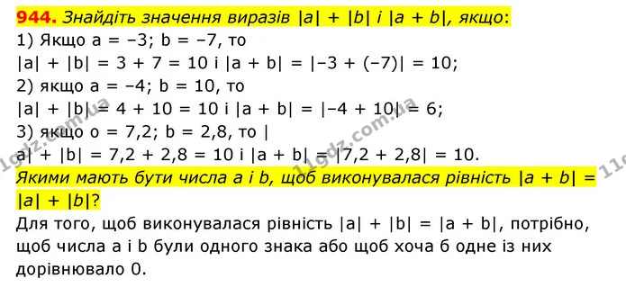 944. Знайдіть значення виразів |а| + |b| і |а + b|, якщо: — ГДЗ Математика 6 клас Мерзляк 2023 1-2 ч.
