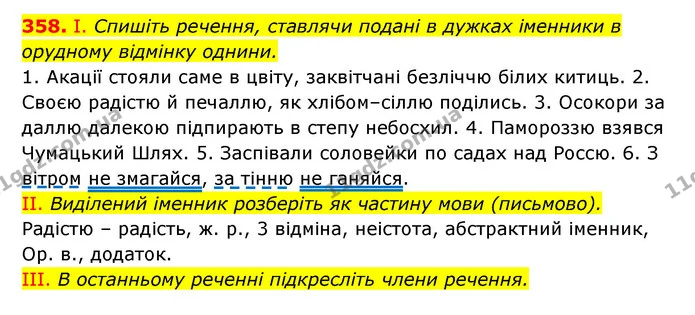 358. І. Спишіть речення, ставлячи подані в дужках іменники в орудному відмінку однини. — ГДЗ Українська мова 6 клас Заболотний 2023