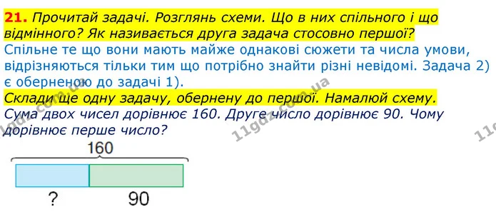 21. Прочитай задачі. Розглянь схеми. Що в них спільного і що відмінного? Як називається друга задача стосовно першої? — ГДЗ Математика 3 клас Листопад 1-2 ч.