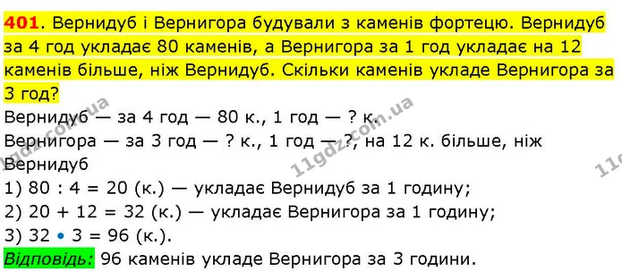 401. Вернидуб і Вернигора будували з каменів фортецю. Вернидуб за 4 год укладає 80 каменів, а Вернигора за 1 год укладає на 12 каменів — ГДЗ Математика 3 клас Козак 1-2 ч.