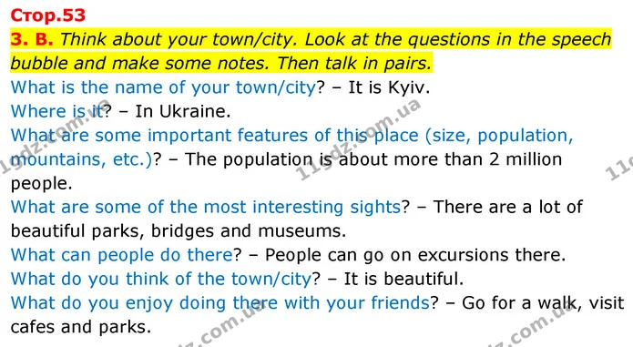 3. B. Think about your town/city. Look at the questions in the speech bubble and make some notes. Then talk in pairs. — ГДЗ Англійська мова 6 клас Мітчелл