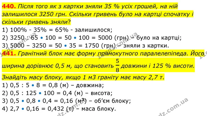 440. Після того як з картки зняли 35 % усіх грошей, на ній залишилося 3250 грн. Скільки гривень було на картці спочатку і скільки — ГДЗ Математика 6 клас Кравчук 2023