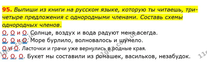 95. Выпиши из книги на русском языке, которую ты читаешь, три-четыре предложения с однородными членами. Составь схемы однородных — ГДЗ Русский язык и чтение 4 класс Лапшина 1 ч.